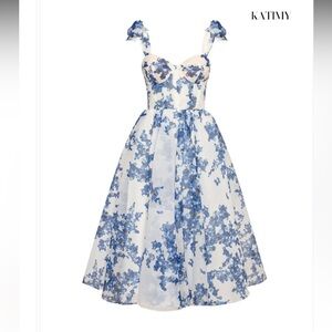 Floral Blue and White flowy corset dress